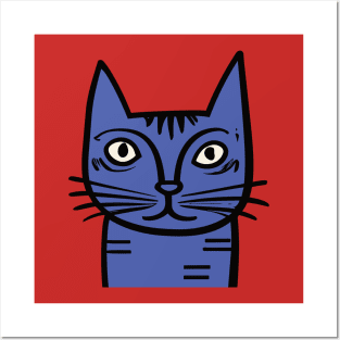 Quirky Blue Cat - Midcentury Illustration Posters and Art